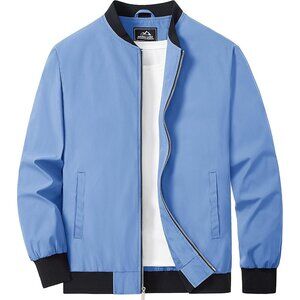 Men's Light Blue Lightweight Casual Style Bomber Jacket Golf Coat Zip Up Pockets